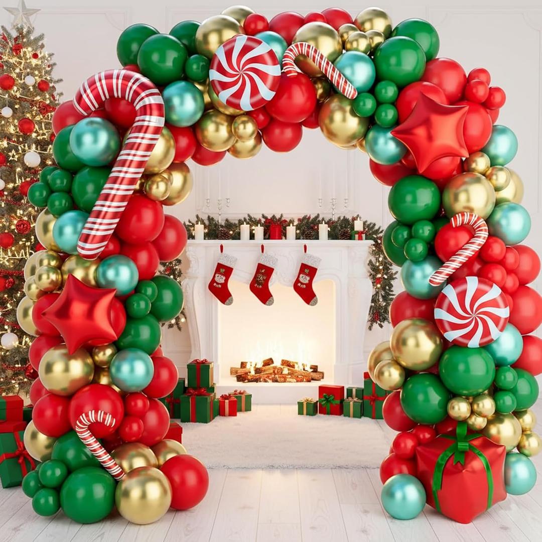 Christmas Balloon Garland Arch Kit 149PCS Red Green Gold Balloons Candy Balloons Gift Box Balloons for Christmas Party Decorations Supplies