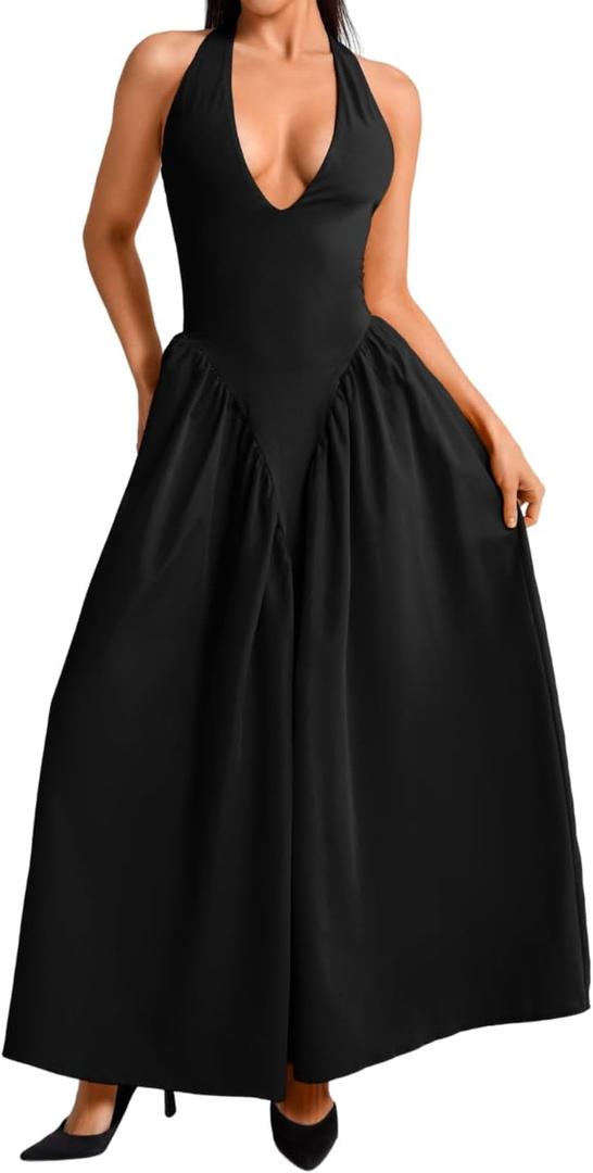 ChiaoLezhee Deep V Neck Dress, Halter Maxi Dresses, Vacation Date Night, Sexy for Women Corset Flowy Wedding Guest Drop Waist (Black). S Size