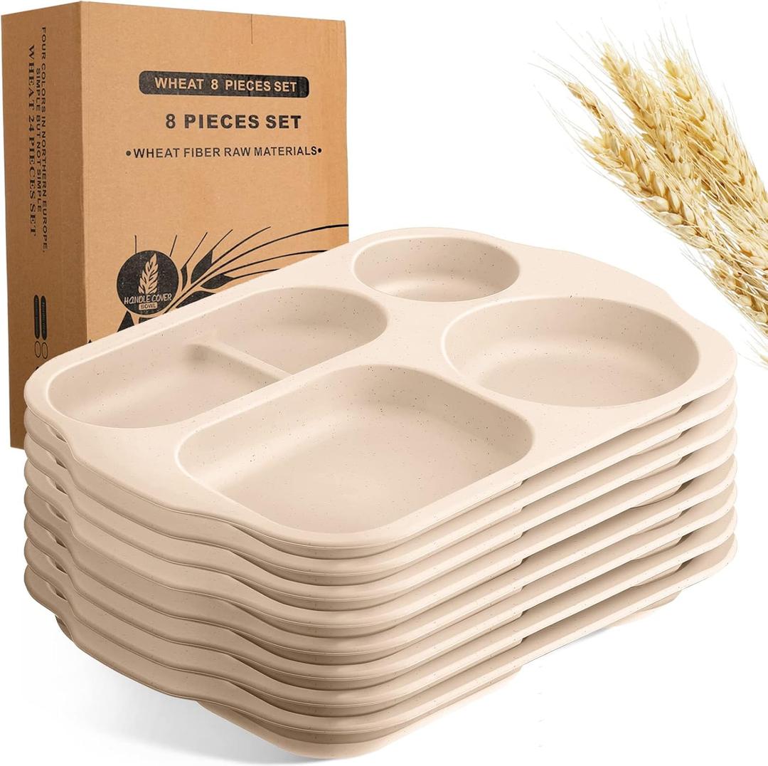 Tanlade 8 Pcs Large Unbreakable Divided Plates 12 Inch Wheat Straw Food Tray 5 Compartment Food Portion Control Tray Wheat Straw Section Plates for Adult Microwave Dishwasher Safe(Beige)