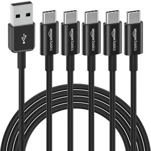 Amazon Basics 5-Pack USB-C to USB-A 2.0 Fast Charging Cable, 480Mbps Speed, USB-IF Certified, for Apple iPhone 16/15, iPad, Samsung Galaxy, Laptops, 6 Foot, Black