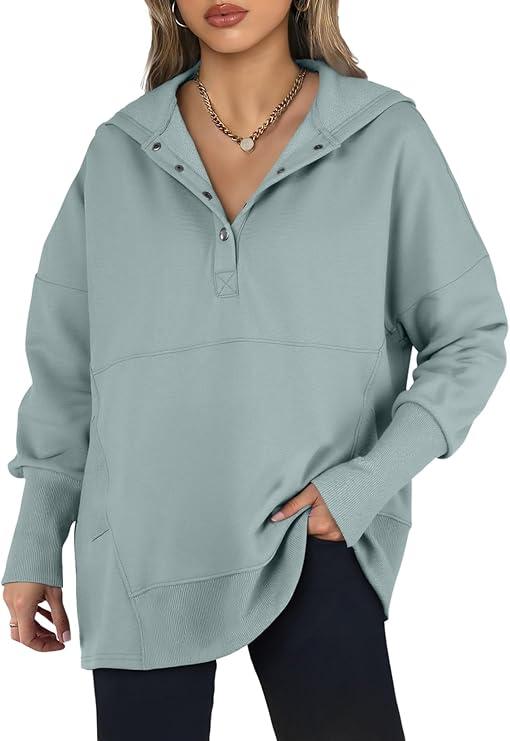 AlvaQ Women Casual Button V Neck Hoodies Oversized Pullover Sweatshirt Hooded Tops with Pockets, Size 2XL