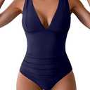 Eomenie One Piece Swimsuit for Women Tummy Control Plunge V Neck Bathing Suit Slimming Wide Straps Swimwear Dark Green M