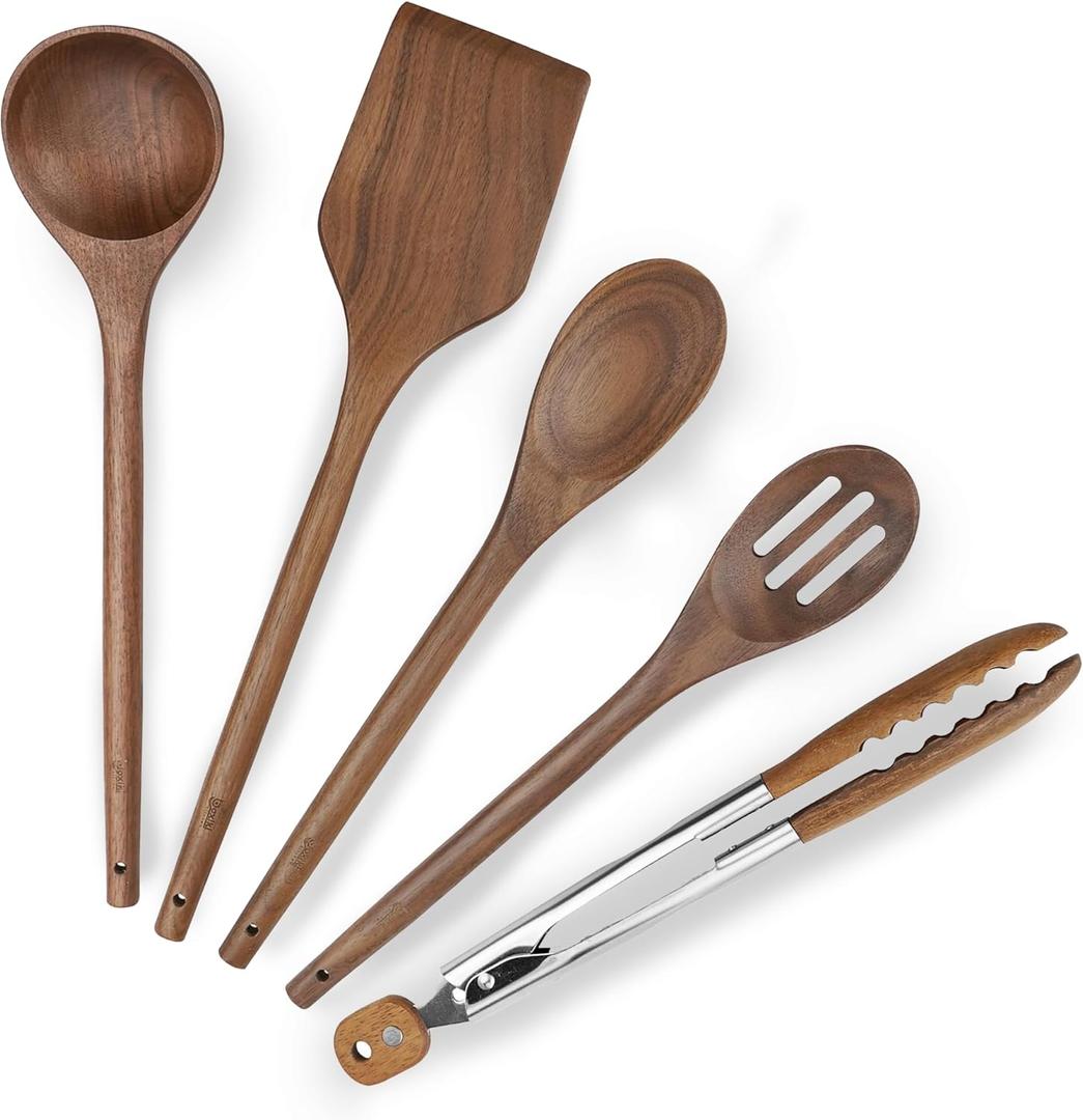 Elegant 5-Piece Walnut Wood Kitchen Utensil Set  Non-Scratch, Heat-Resistant Cooking Utensil Set with Kitchen Tongs, Spoons, Spatula & Ladle  Lightweight, Durable & Perfect for Daily Use or Gifting