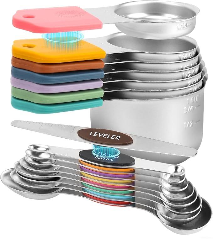 16Piece Stainless Steel Measuring Cups and Spoons Set, Strong Magnetic Nesting Design 7 Cups 8 Spoons with Leveler, Double Measurement Markings for Dry & Liquid Ingredients, Colorful
