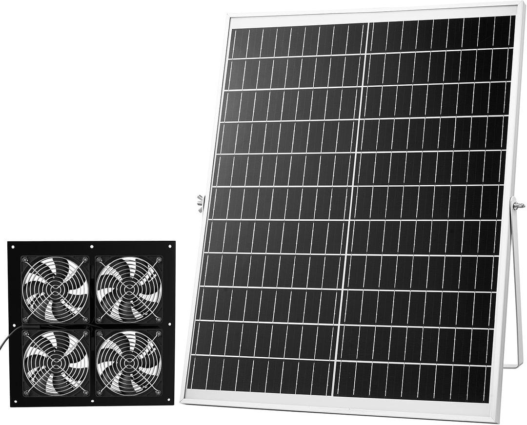 VEVOR Solar Powered Fan, 25W Solar Panel with 4 Fans, Adjustable Solar Panel Angle, 2668 RPM High-Speed, Flexible Installation, Fast Air Exchange for Greenhouse, Grow Tents, Chicken Coops, Shelters