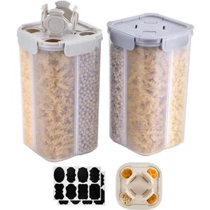 2 Packs Pasta Cereal Storage Containers, 2.5L Airtight Grain Dispenser with Lids, Spaghetti Container Storage with 4 Compartments for Noodle, Rice, Nuts, Flour, Beans