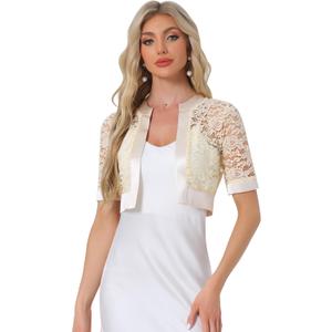 Allegra K Lace Shrug for Women's Cropped Sheer Floral Lace Shrug for Evening Dresses, Medium, Beige