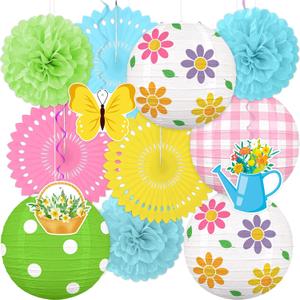 13PCS Spring Decor Paper Lanterns Fans Pom Poms Hanging Swirls Spring Party Hanging Decorations for Home Office Classroom Birthday Outdoor Indoor