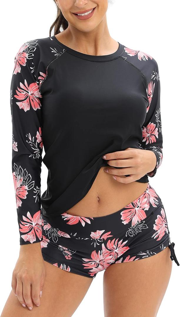 YATEEN Women's Long Sleeve Sun Protection Rash Guard Wetsuit Two Piece Swimsuit Set (#5 Black / Pink, Small)
