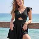 Aleumdr Women Cutout Ruffle One Piece Skirt Swimsuit V Neck Wrap Swimdress Tummy Control Bathing Suit Black X-Large