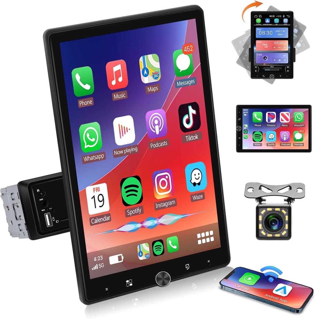 10.4" Single Din Touchscreen Car Stereo with Wireless Carplay& Android Auto, Adjustable Car Radio with Bluetooth, Mirror Link, FM Radio, Subwoofer, SWC, Backup Camera