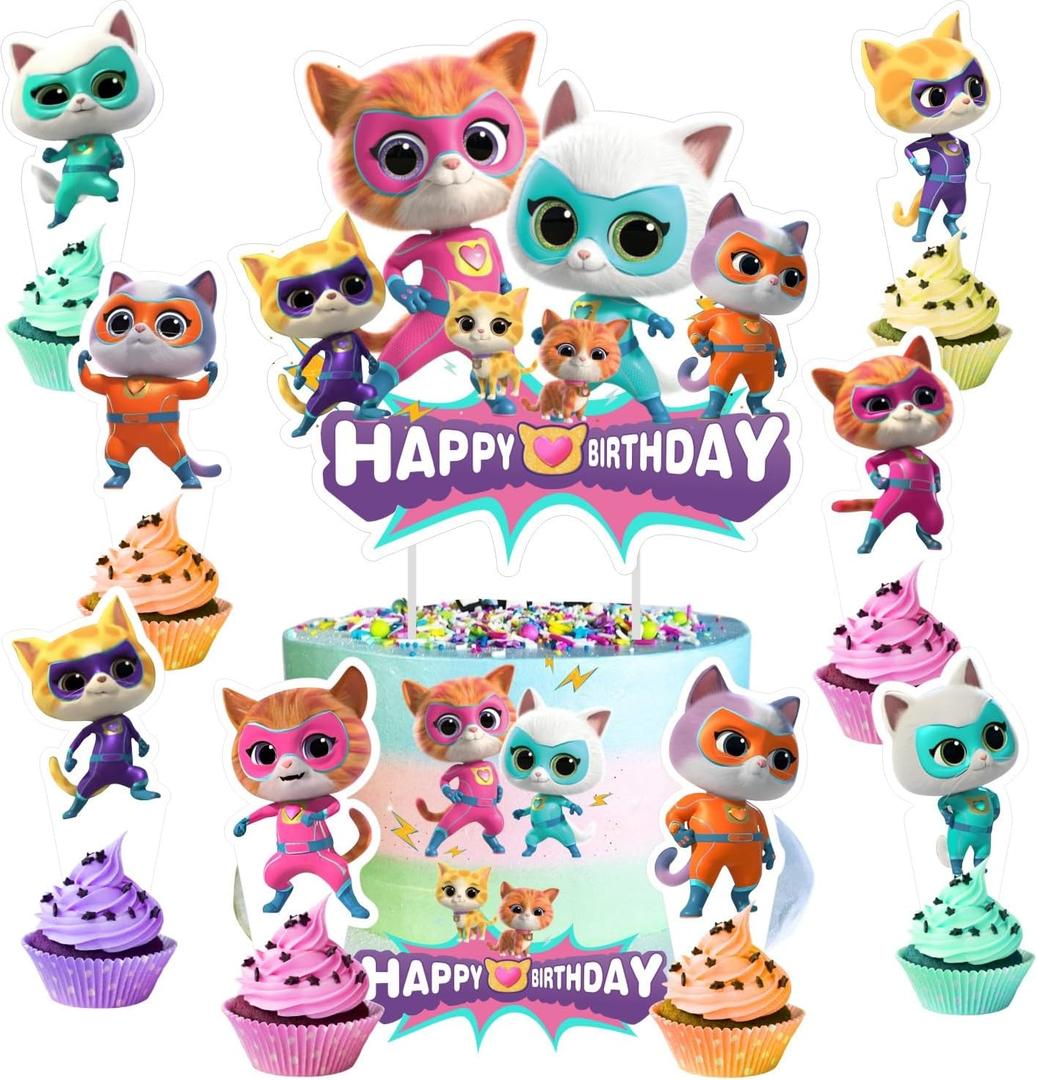25pcs Super Cats Cake Decorations with 24pcs Cupcake Toppers, 1pcs Cake Topper for cats Birthday Party Supplies
