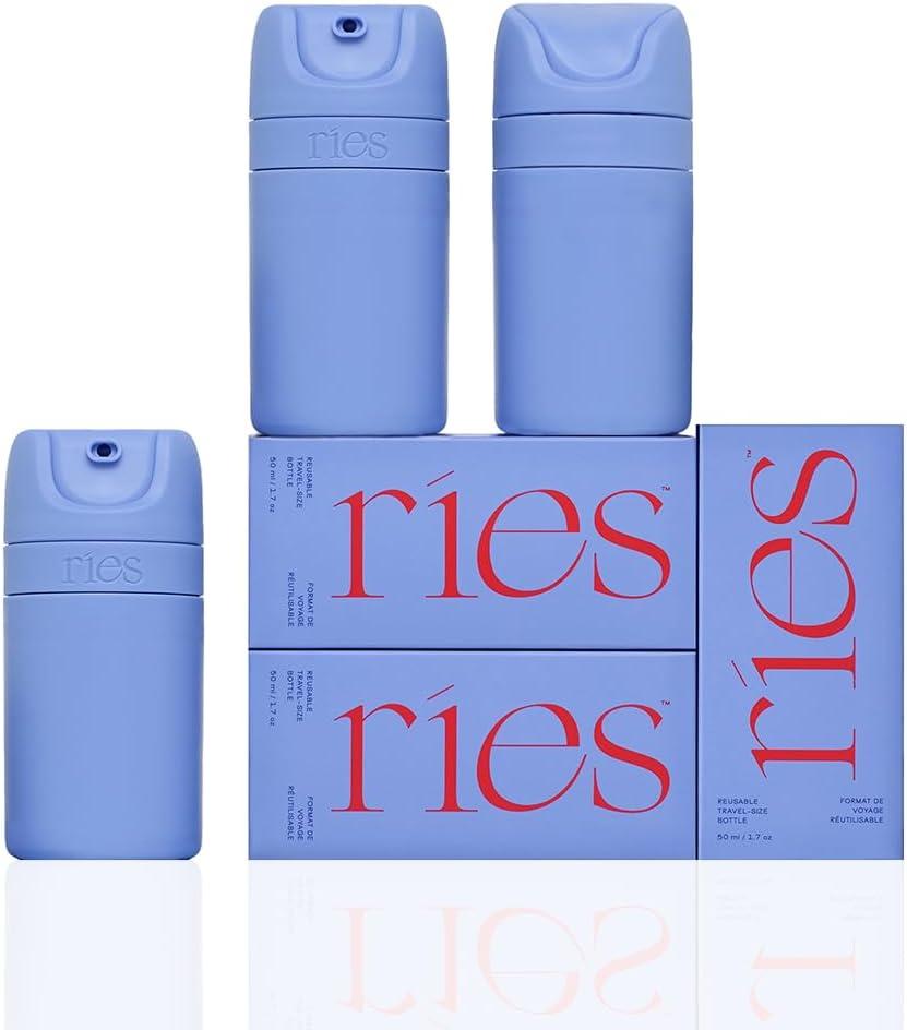 RIES Starter Set Toiletry Travel Bottles Set of 3 (1.7oz) Airless Pump Containers for Shampoo, Conditioner, Body, Face Leak-Proof, TSA-Approved, Dishwasher Safe- (Runaway Blue)