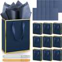 Yeaqee 10 Pack Metallic Paper Gift Bags with Handle Tissue Paper Thank You 5 Senses Gift Bag for Birthday Wedding Baby Shower Groomsmen Bridal Graduation Party Favor 9 x 7 x 3.15''(Navy Blue, Gold)