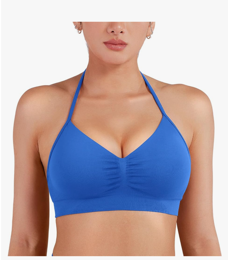 YEOREO SoftHue Women Halter Sports Bra Impact Longline Strappy Bra V Neck Padded Open Back Workout Gym Crop Top Size L