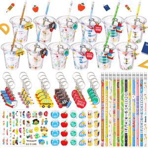 Baderke 144 Pcs Back to School Gifts for Students Party Favors Gift Cups Filler for Kids Supplies, First Day of School Pencil Keychain Eraser for Classroom Rewards Game Prize Stationery Goodie Bags