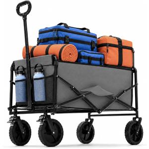 DUMOS Collapsible Wagon Cart, 330lbs Capacity, Gray | Heavy Duty Foldable Utility, Detachable Brake Wheels, Flexible Handle for Beach Garden Sports Grocery Camping
