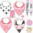 Dodo Babies Baby Bandana Drool Bibs For Girls + 2 Pacifier Clips + Pacifier Case in a Gift Bag, Pack of 4 Premium Quality, Excellent Baby Shower/Registry Gift (Pink/White/Black)