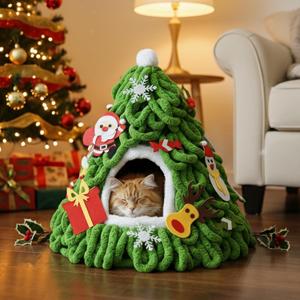 PETKARAY Cat Christmas Tree Cave Bed, Pre-Assembled Felt Cat Cave House, Cozy Kitten Hideaway with Plush Cushion, for Indoor Cats