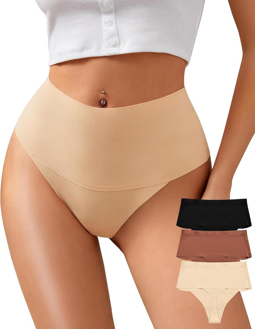 K-CHEONY Womens High Waisted Thongs No Show Panties Lightweight Soft Stretch High Cut Underwear 3 Pack (Medium)