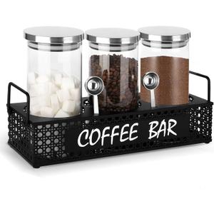 Glass Coffee Containers with Shelf 3x 47oz Coffee Station Organizer Glass Coffee Bean Storage with Spoon Coffee Canister Set Jars for Coffee Bean Ground Nuts (Black-3 Pack)