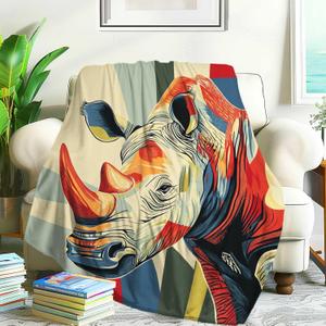 Rhinoceros Theme Throw Blanket, Cartoon Pattern Blanket Gifts for Women Men Adults, Soft Cozy Lightweight Fluffy Blanket Throw for Couch Sofa Bed, All-Season for Living Room Outdoor (80"x60")