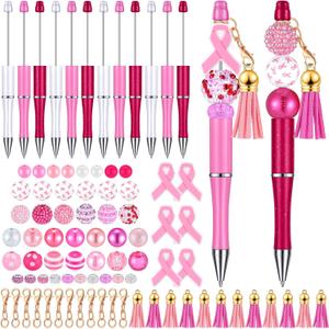 Tinlade 12 Pieces Beadable Pens Bulk with 50 Pcs Assorted Colors Beads Pens DIY Making Kit Multicolor Ballpoint Black Ink for Women Kids Students Office School(Pretty Style)