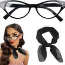 50's Costume Accessories Set for Women 1950s Vintage Chiffon Neck Scarf Rhinestone Cat Eye Glasses for Cosplay Party