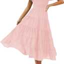 ZESICA Women's 2026 Summer Square Neck Short Puff Sleeve Solid Color High Waist Casual Smocked Flowy A Line Tiered Midi Dress (Pink), XL