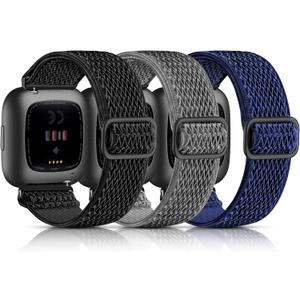 Maledan Stretchy Solo Loop Compatible with Fitbit Versa/Fitbit Versa 2 Bands for Men Women, 3 Pack Flexible Breathable Nylon Woven Sport Replacement Watch Band for Fitbit Versa, Black/Blue/Gray