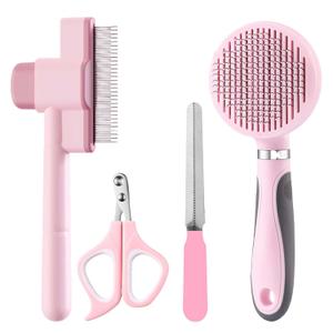 Cat Grooming Kit, 4-in-1 Cat Grooming Tools with Cats Brush, Flea Comb, Nail Clipper & Trimmer - Deshedding & Dematting for Pets Hair and Paws, Pet Shedding Set for Indoor Dogs & Cats (Pink)