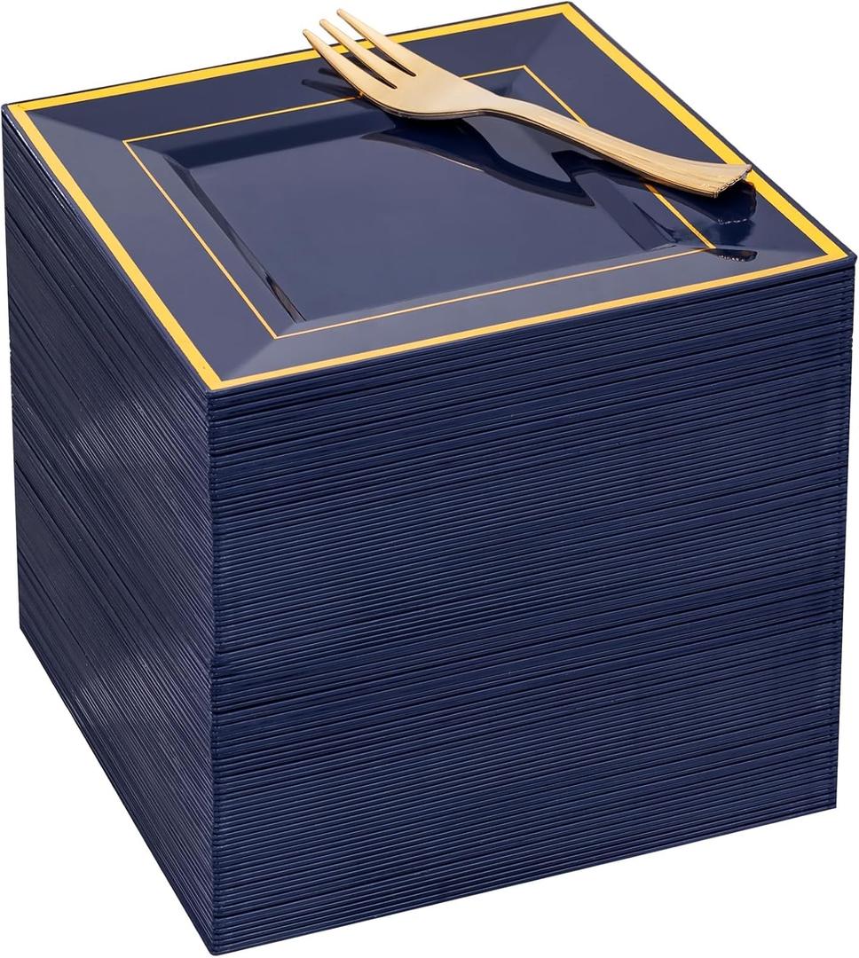WDF 200PCS Blue Plastic Dessert Plates with Plastic Forks -6 100 Square Disposable Appetizer Plates Small Cake Plates with Gold&100 Navy Blue Small Appetizer Forks for Party Wedding Birthday