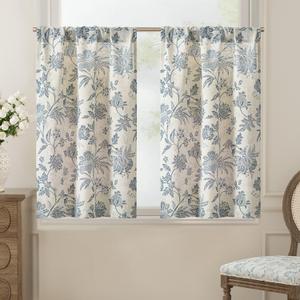 jinchan Floral Linen Tier Curtains 24 Inch Farmhouse Cafe Curtains Rod Pocket Country Flower Drapes for Small Windows for Kitchen Laundry Room Bathroom RV 2 Panels Light Filtering Blue on Beige