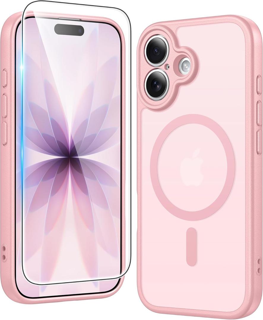FNTCASE For iPhone 17 Case Matte: Magnetic Phone Cases with Screen Protector Drop Proof Compatible with Magsafe Slim Anti Yellowing Rugged Shockproof Protective Translucent Cell Cover (Pink)