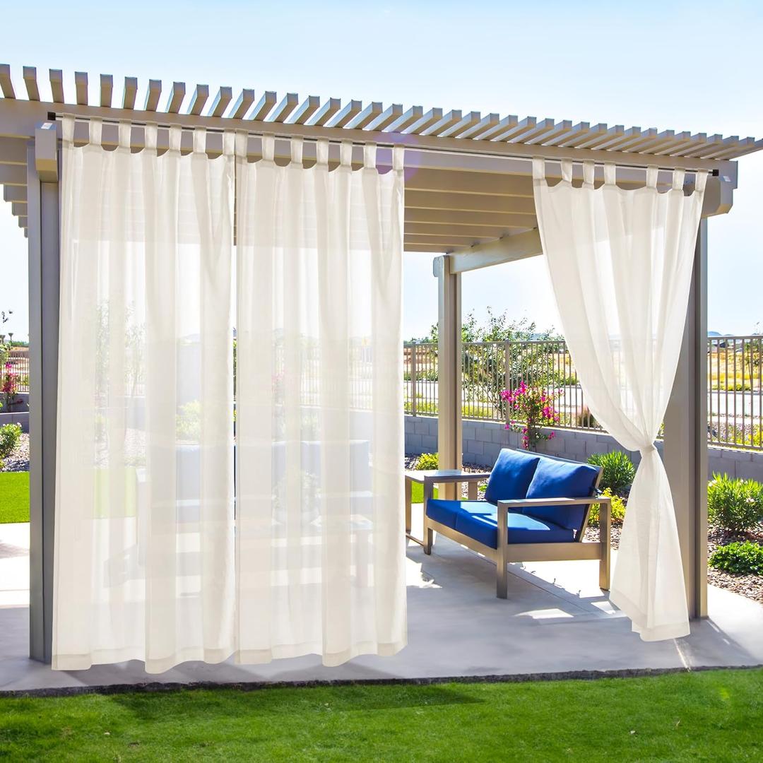 Deconovo Outdoor Sheer Curtains for Patio, Waterproof Voile Curtain Panels, Light Filtering Privacy Drapes for Pergola Gazebo Balcony, Indoor Outdoor Use, Back Tab（Beige, 54x96 Inch, 2 Panels)