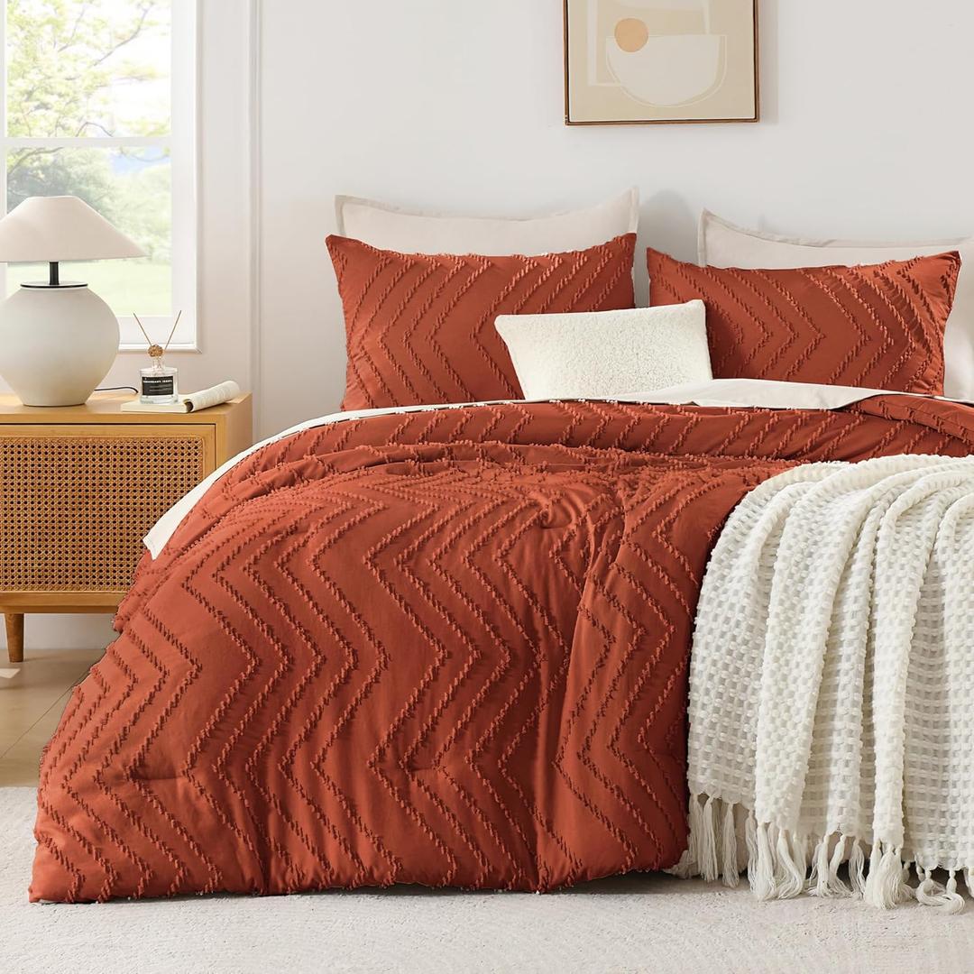 Andency Burnt Orange Oversized Super King Comforter Set 120x120, Extra Large King Size Comforter Oversize Boho Soft Warm Bedding Comforter Sets, 3 Pieces Aesthetic Chevron Textured Bedding Set
