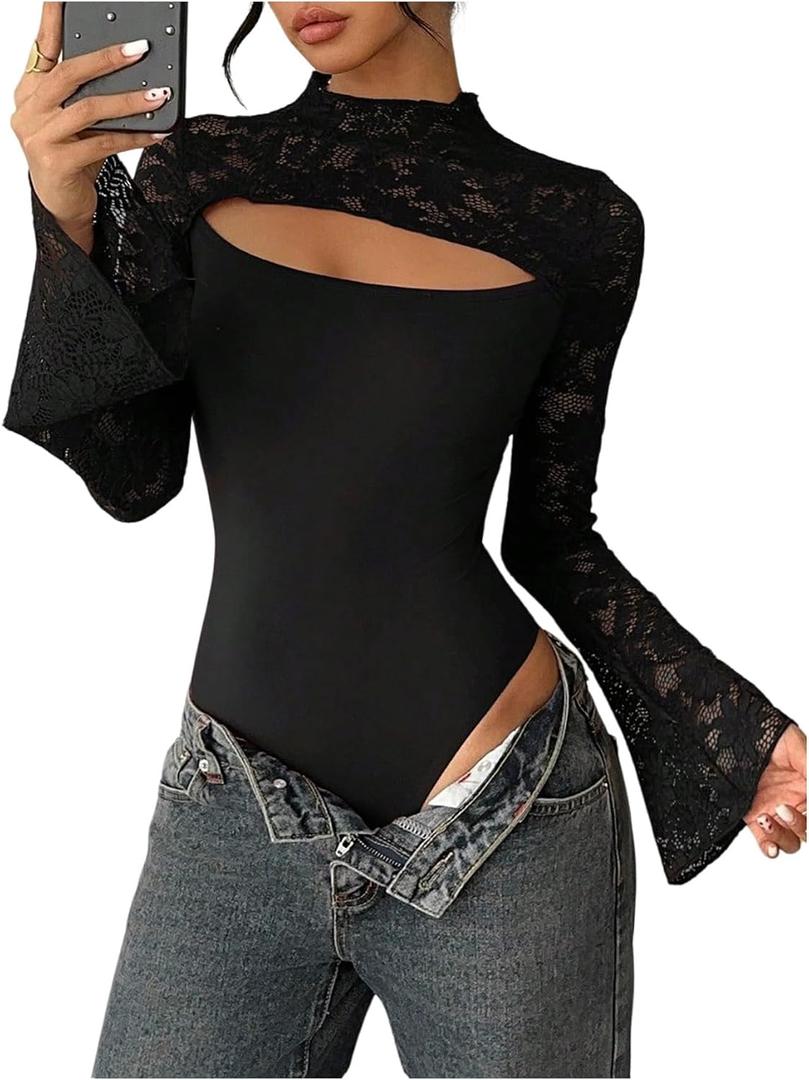 Milumia Women's Sexy Cut Out Lace Bodysuit Bell Sleeve Sheer Leotard Top Small