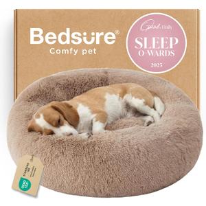 Bedsure Calming Dog Bed Medium Large Size Dogs - Donut Washable Large Pet Bed, 33 inches Anti-Slip Round Fluffy Plush Faux Fur Dog Bed, Camel