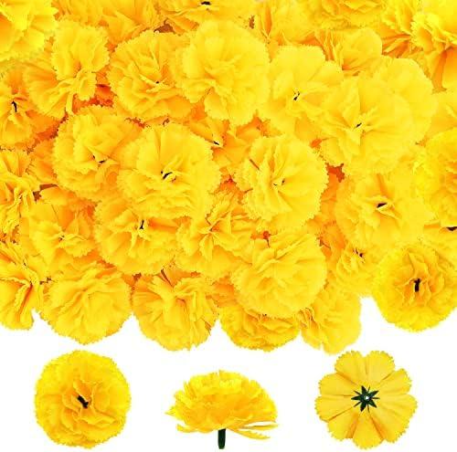 M&C Music Color Marigold Flowers Heads Bulk, 50Pcs Silk Marigold Flowers Artificial for Decoration DIY Wreath Garland Craft Wedding Party Baby Shower Decoration Halloween Christmas (Yellow)
