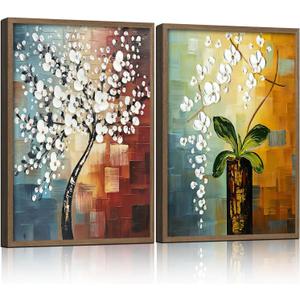 2 Piece Framed Canvas Art Prints Morning Glory Modern Abstract White Flowers Oil Painting Style Wall Floral Gallery Poster for Living Room Bedroom Office Decor Ready to Hang 24 x 16 Inch