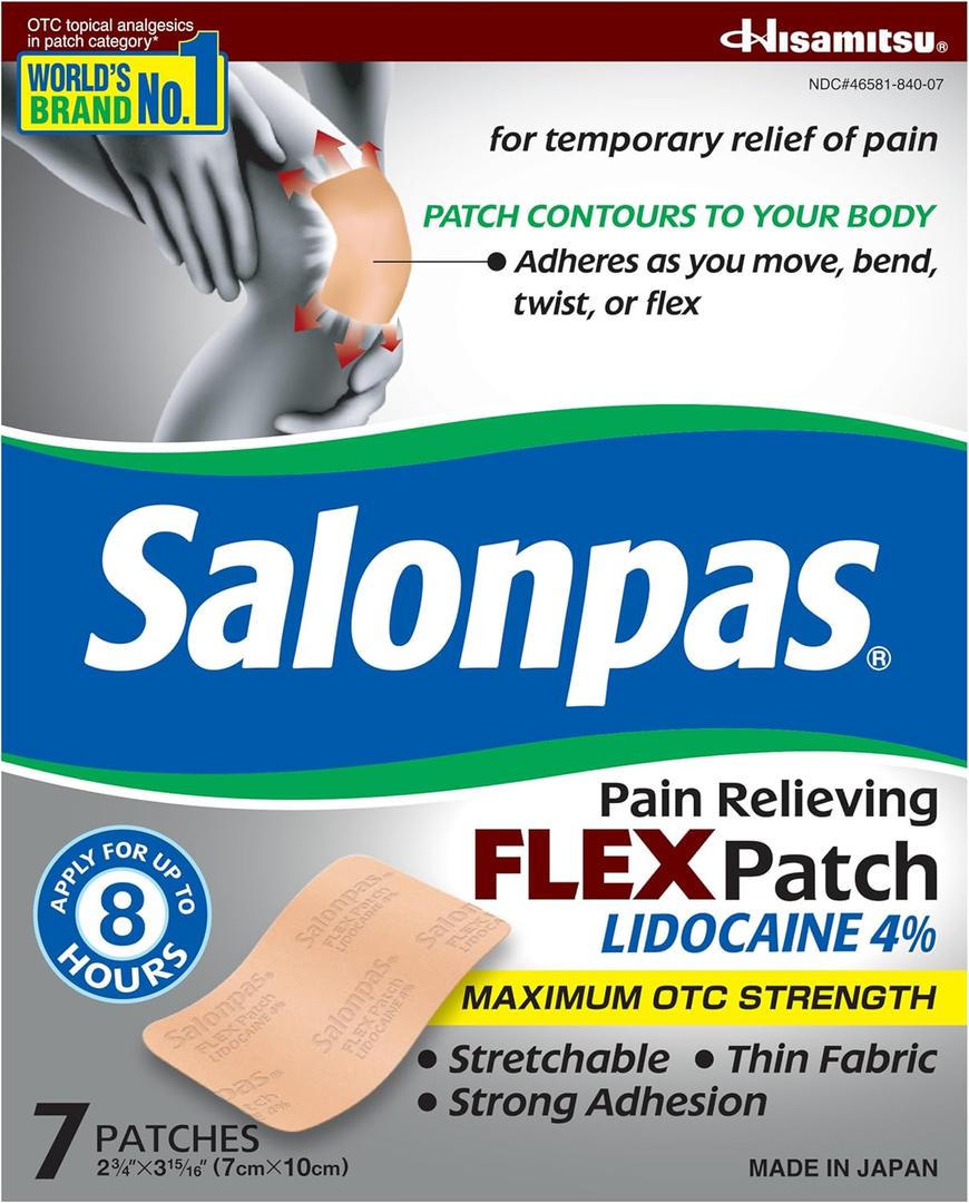 Salonpas Maximum OTC Strength Lidocaine 4% Pain Relieving Flex Patch, Apply for Up to 8 Hours, Unscented, Thin, Flexible, Lightweight, Patch Stays in Place, 7 Patches
