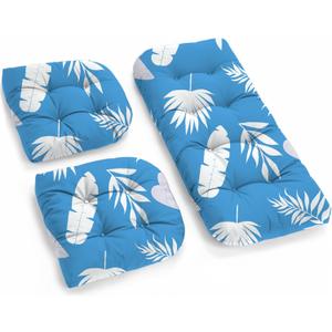 All Weather Wicker Chair Cushions of 3 Pieces, Waterproof Outdoor Wicker Chair Cushion for Patio Furniture Loveseat Settee Bench, 1 Loveseat and 2 U-Shaped Thickened Cushions, Blue Leaf