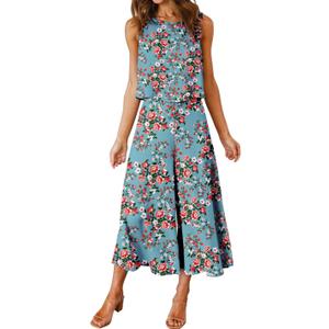 ROYLAMP Women's Summer 2 Piece Outfits Round Neck Crop Basic Top Cropped Wide Leg Pants Set Jumpsuits (Green Floral, L)
