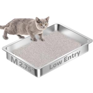 Low Entry Stainless Steel Cat Litter Box for Senior Cats, Metal Shallow Kitten Litter Box, Easy Access Kitty Litter Pan Tray, Easy Cleaning-15.75''Lx 11.81'' W x2.76'' H
