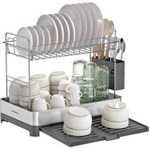 SONGMICS 2-Tier Small Dish Drying Rack, Expandable Dish Dryer for Kitchen Counter, Stainless Steel Dish Rack with Utensil Holder, Rustproof, for Dishes, Knives, Spoons, Forks, Silver Gray UKCS036G01