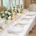 bUCLA 150PCS White and Gold Plastic Plates Disposable - 25 Guests Gold Dinnerware Set - Include 25 Each (Dinner & Dessert) Plates, 25 Knives, 25 Forks, 25 Spoons & 25 Cups for Party