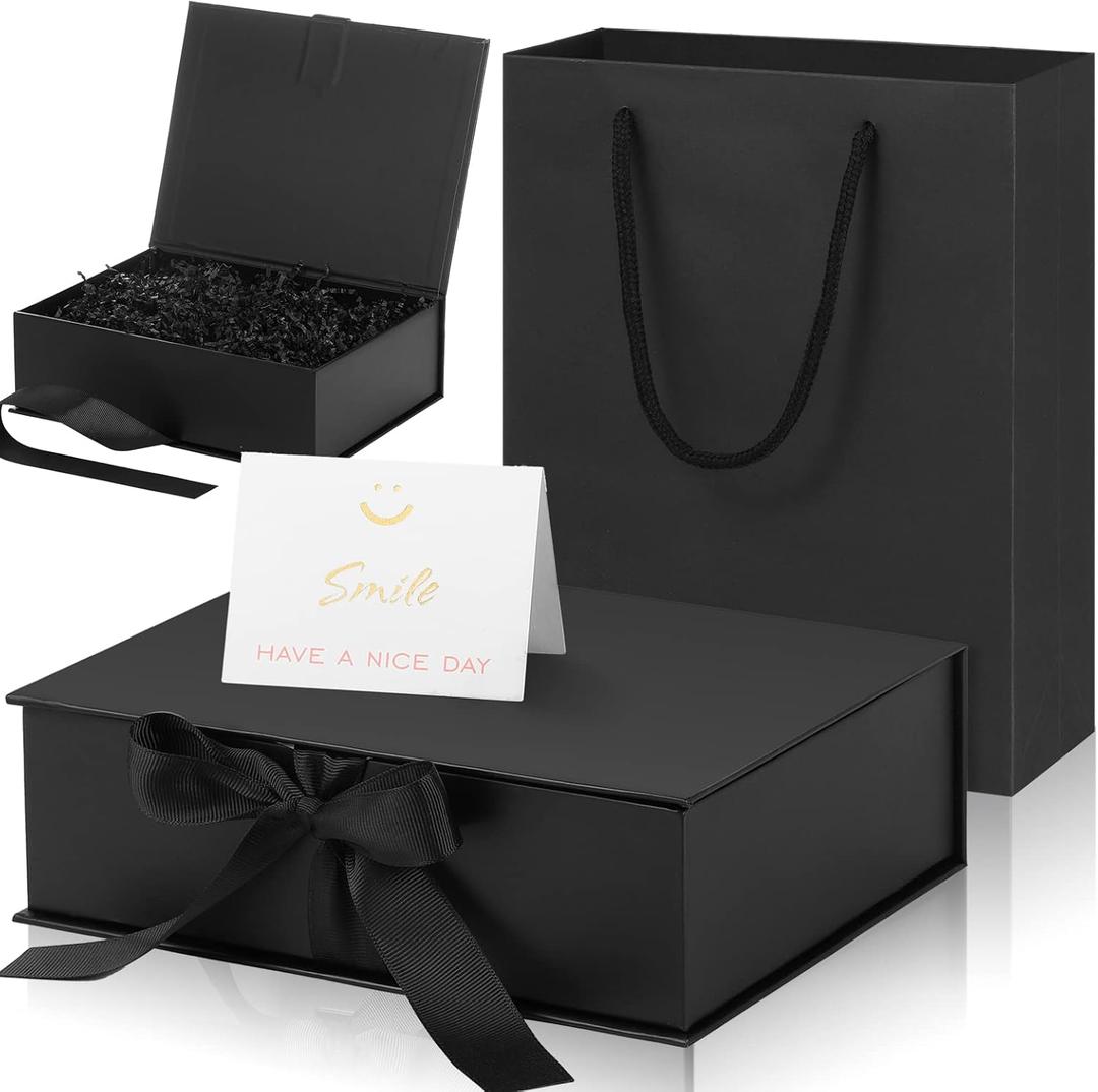 Zonon Gift Boxes with Lid and Ribbon 9 x 7 x 3'' Luxury Senses Gift Bags with Greeting Card Tissue Paper for Graduation Wedding Teacher Birthday Inspirational Present Decoration Party Favor(Black)