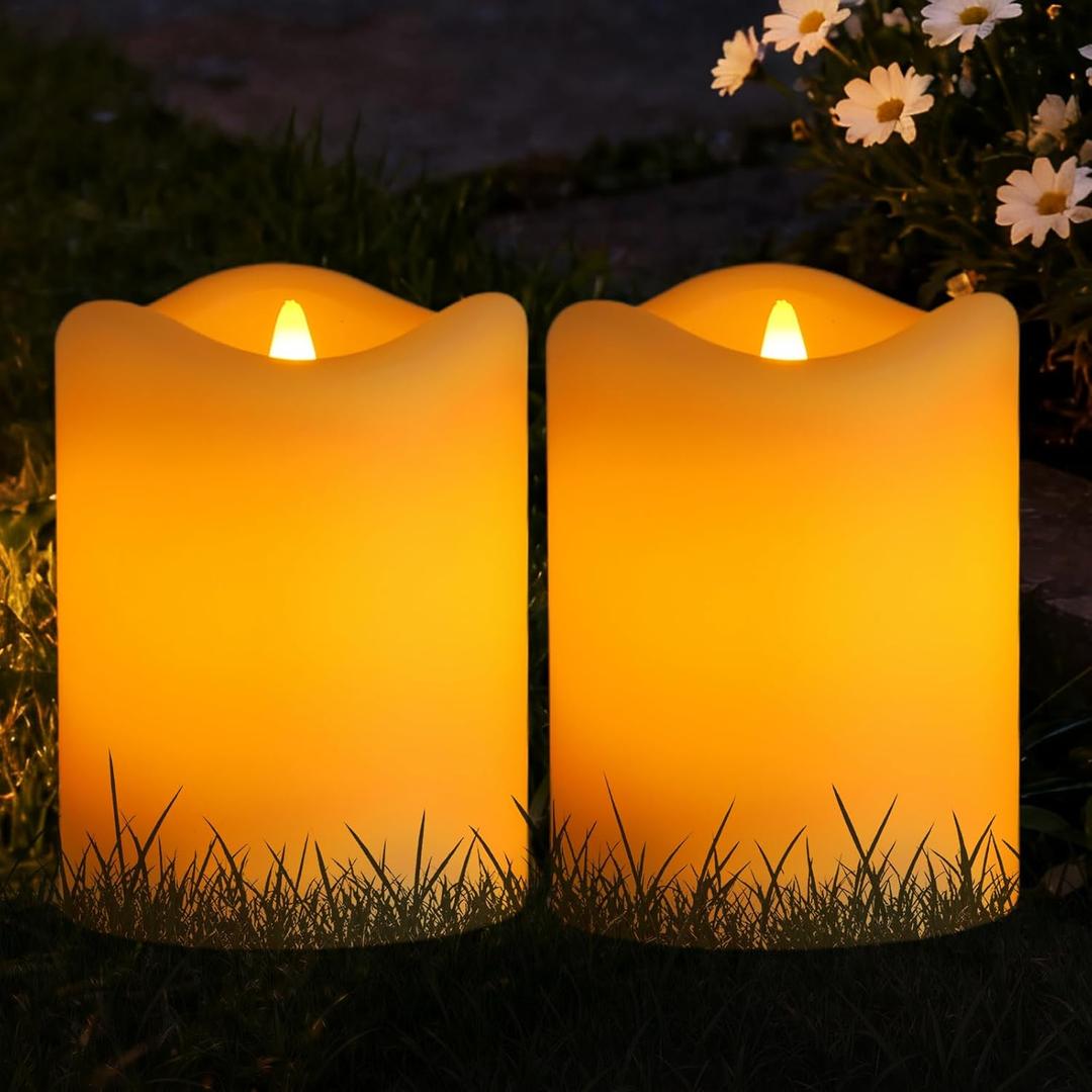 Solar Candles Outdoor Waterproof, 2 Pack 3"x4" Rechargeable Solar Flameless Pillar Candles, Dusk to Dawn Outdoor Lights for Lanterns, Garden, Patio, Porch, Backyard, Warm Amber Glow Memorial Gifts