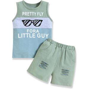 Crazyme Toddler Baby Boy Clothes Outfits Sleeveless Tops Striped Shorts Summer Baby Boys Clothes Set (2-3T, Blue Green)