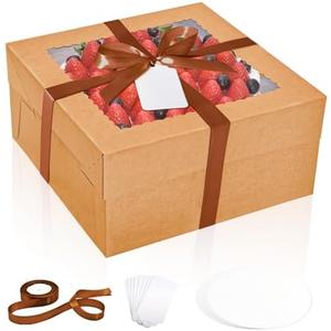 DOYIDE 16Pcs 12x12x6 Inch Cake Boxes with Cake Boards (8Pcs Brown Cake Boxes, 8Pcs Cake Boards), Bakery Boxes with Window, Cake Carrier Container for Birthday Party, Wedding